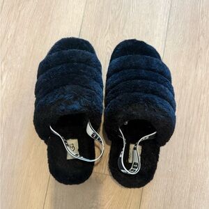 UGG Black Plush Quilted Slide Sandals with Branded Sling